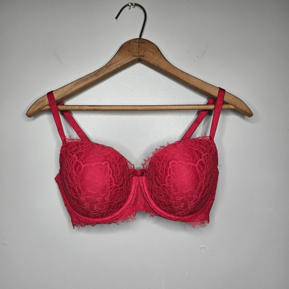 Victorias Secret Dream Angels Lined Demi Bra Red Lace Eyelash Trim 34D